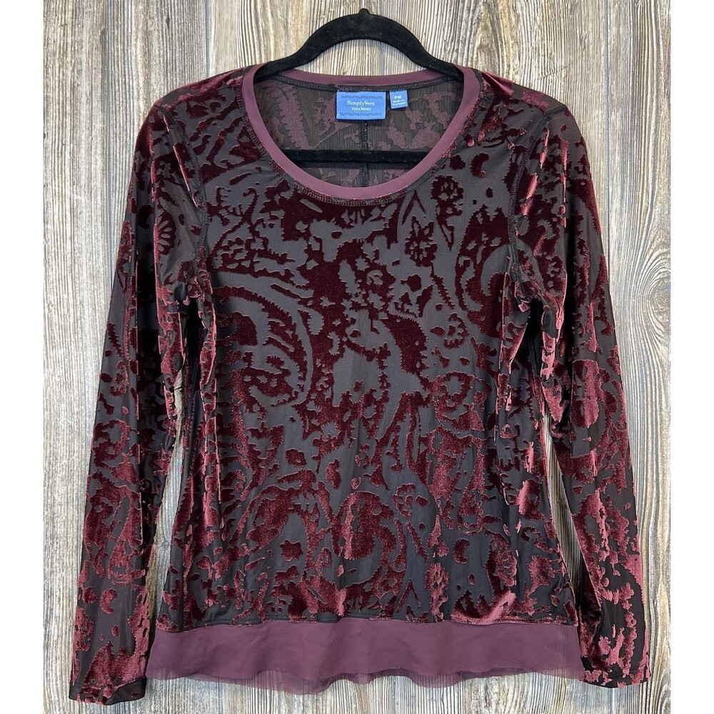 Simply Vera Velvet Burnout Top Womens PM Burgundy Soft‎ Grunge Romantic Goth